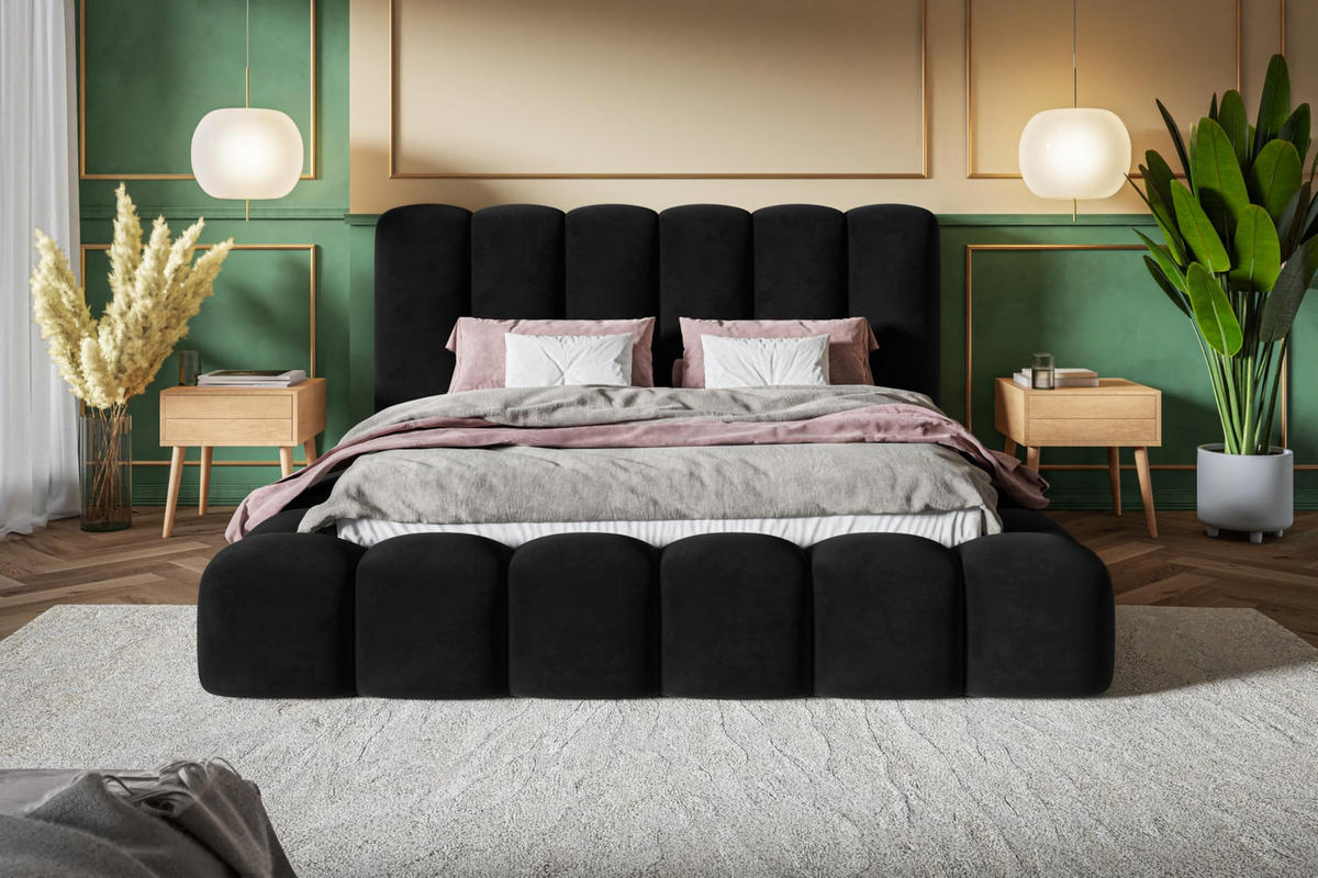 BETT 180x200 - Polsterbett mit Bettkasten und Metallrahmen - Modern Bett - Eleganter Amor-Velvet-Stoff - Kollektion Nora Maxi - Schwarz - Schwarz, Holz/Textil (180/200cm) - Alpi-Möbel