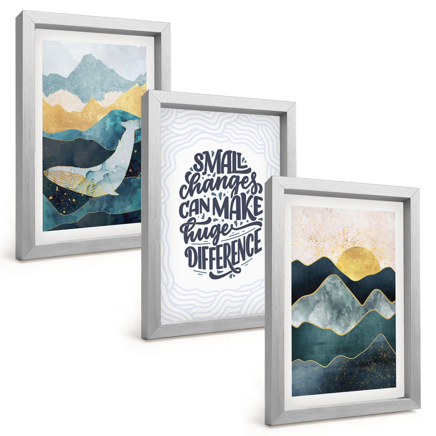 BILDER SET 3er Set - 20x30 cm Silberner Rahmen - Abstrakte Berginspiration - Silberfarben, Kunststoff (20/30cm) - TULUP