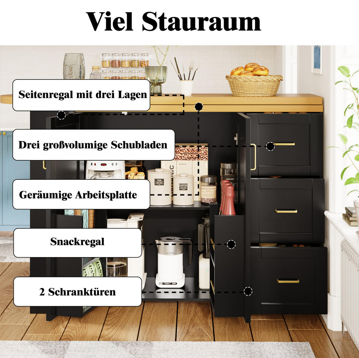 KÜCHENINSEL aus MDF und Metall 135-228x39x104 cm Schwarz mit Holzoptik, ausziehbar, rollbar und mit viel Stauraum - Schwarz, Holzwerkstoff (39/104/135cm) - Modfu