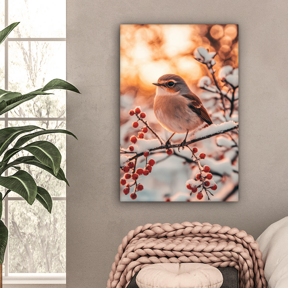 LEINWANDBILD Vogel - Zweig - Winter - Tiere - Schnee Wanddeko Schlafzimmer 60x90 cm - Bernsteinfarben, Textil (60/90cm) - MuchoWow