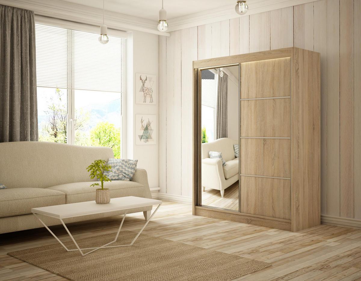 SCHIEBETÜRENSCHRANK RABI - Sonoma Eiche, Holzwerkstoff (120/215/61cm) - Meblini