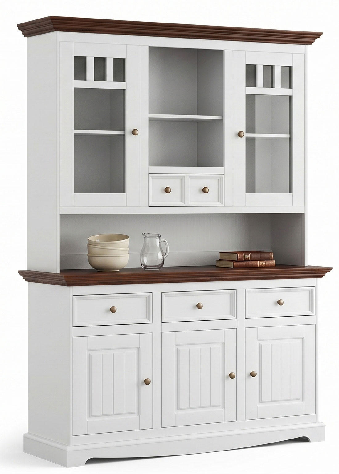 BUFFETSCHRANK Belluno Elegante Kiefer weiß (RAL9010) lackiert / Kiefer gebeizt, Nussbaumfarben 130 / 45 / 190cm - Nussbaumfarben/Weiß, Holz/Metall (130/190/45cm) - Feldmann-Wohnen