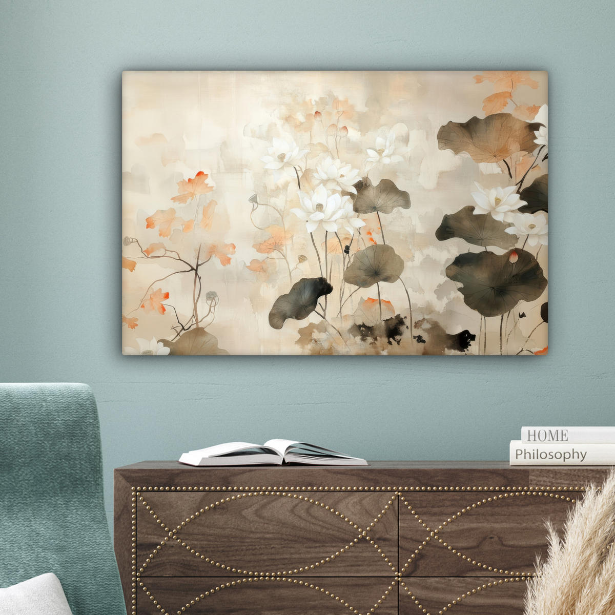 LEINWANDBILD Blumen - Japandi - Wabi sabi Gemälde 60x40 cm - Sandfarben, Textil (60/40cm) - MuchoWow