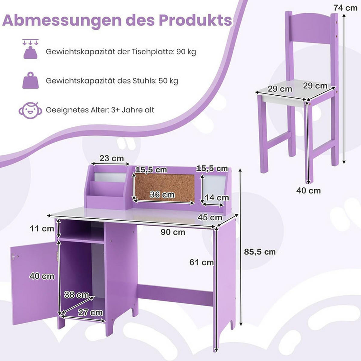 KINDERSCHREIBTISCH mit Stuhl lila(2-tlg) - Lila, Holzwerkstoff (90/85.5/45cm) - COSTWAY