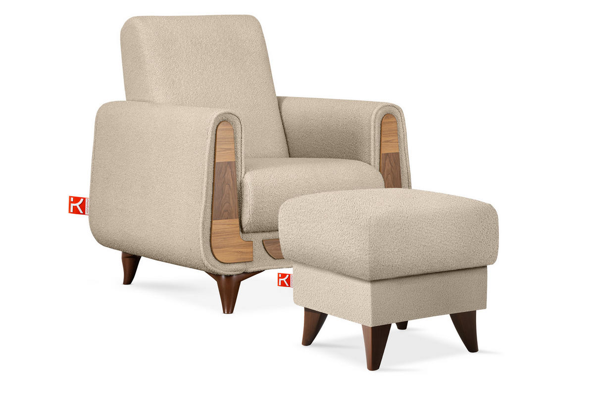 HOCKER GUSTAVO Fußstütze, Bouclé, Creme - Creme, Holz/Holzwerkstoff (53/49/53cm) - KONSIMO®
