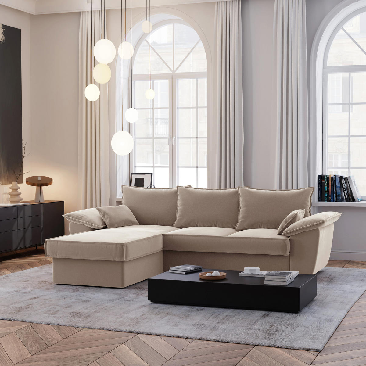 ECKSOFA LINKS Samtstoff Beige 257cm - Beige, Textil (168/257cm) - Sia Home