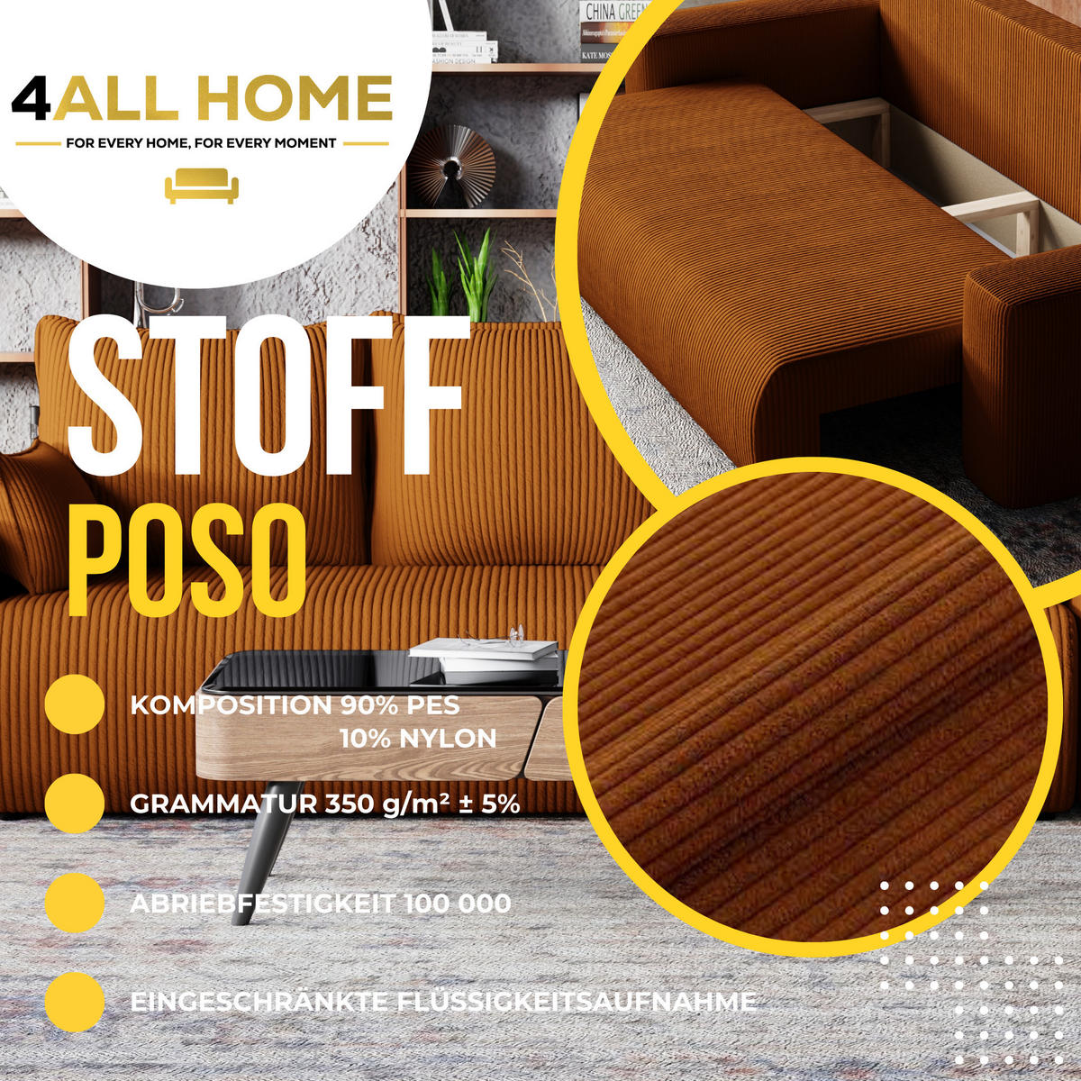 SOFA Bubi mit Bettkasten und Schlaffunktion, Cordstoff - Rostfarben, Holzwerkstoff (242/85/95cm)