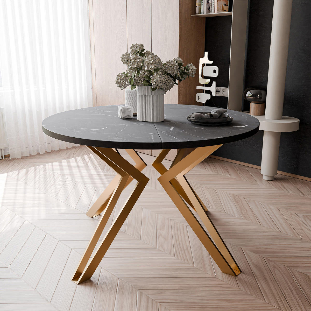 ESSTISCH ausziehbar aus MDF, Schwarz - Goldfarben/Schwarz, Holzwerkstoff (120/120/76cm) - Idohome
