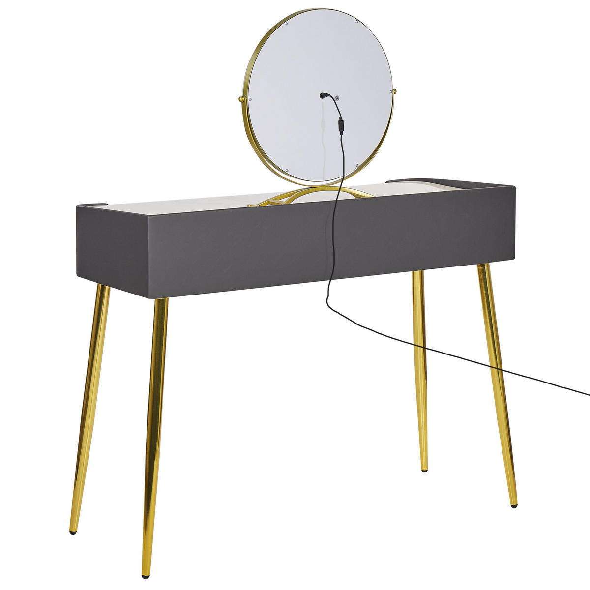 SCHMINKTISCH mit rundem LED-Spiegel Hocker 2 Schubladen grau/gold Surin - Goldfarben/Weiß, Holzwerkstoff (100/133/41cm) - Beliani