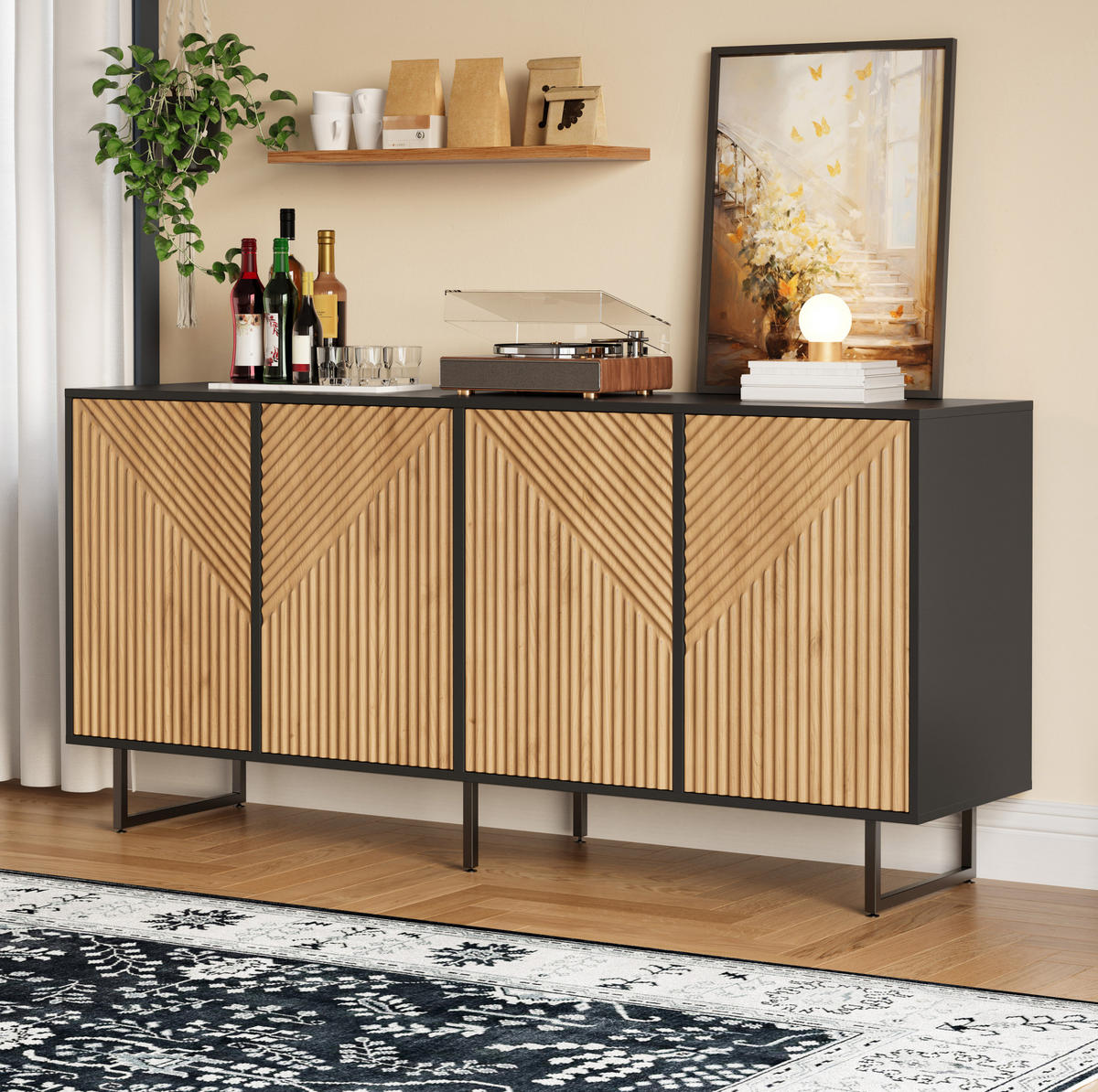 SIDEBOARD 160/40/75 cm mit 4 Türen und 8 Fächern, aus Spanplatte mit Eisenfüßen, Naturholz/Schwarz - Naturfarben, Holzwerkstoff (160/75/40cm) - Redom