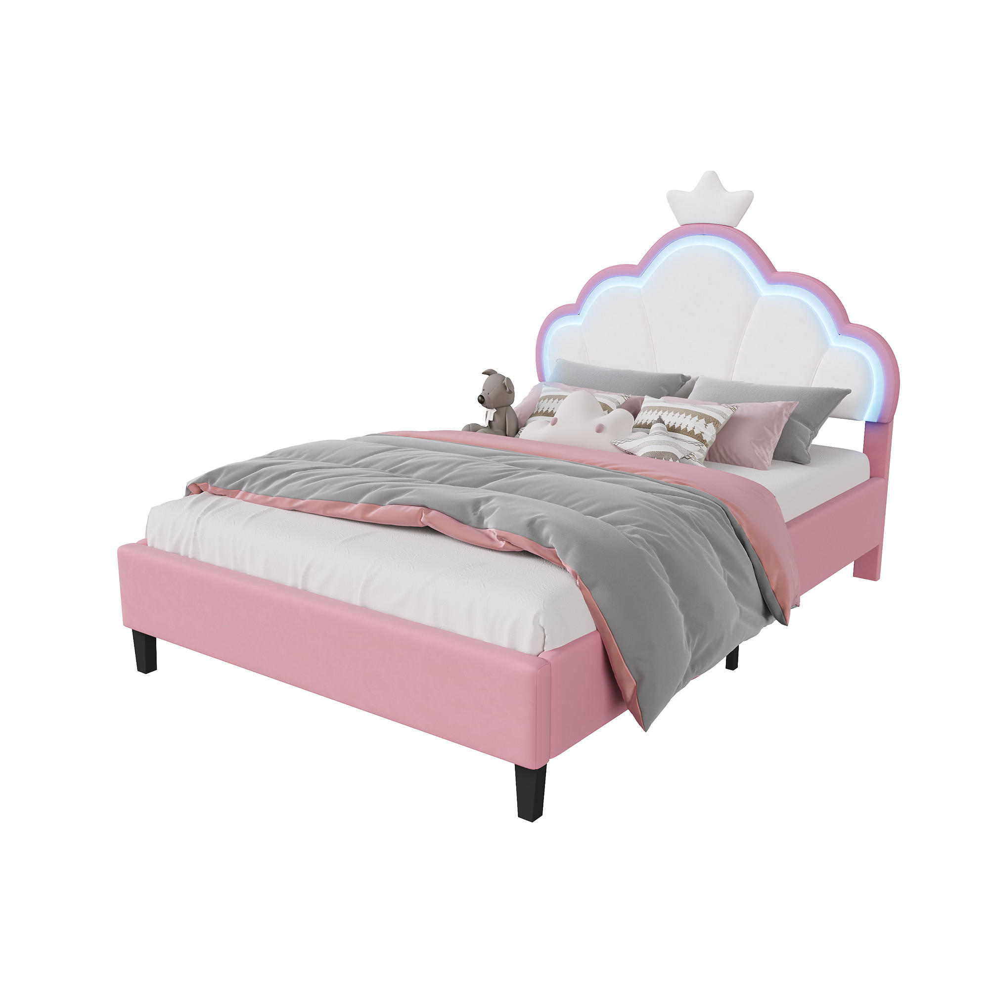 POLSTERBETT 140x190 cm mit LED-Krone, Velours, Rosa - Rosa, Metall (140/190cm) - EuroLiving