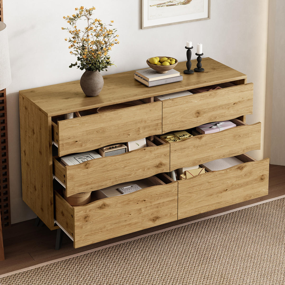 SIDEBOARD mit 6 Schubladen 120/40/75,5 cm in Holzoptik mit Metallfüßen - Naturfarben, Holzwerkstoff (120/75.5/40cm) - BEAOK