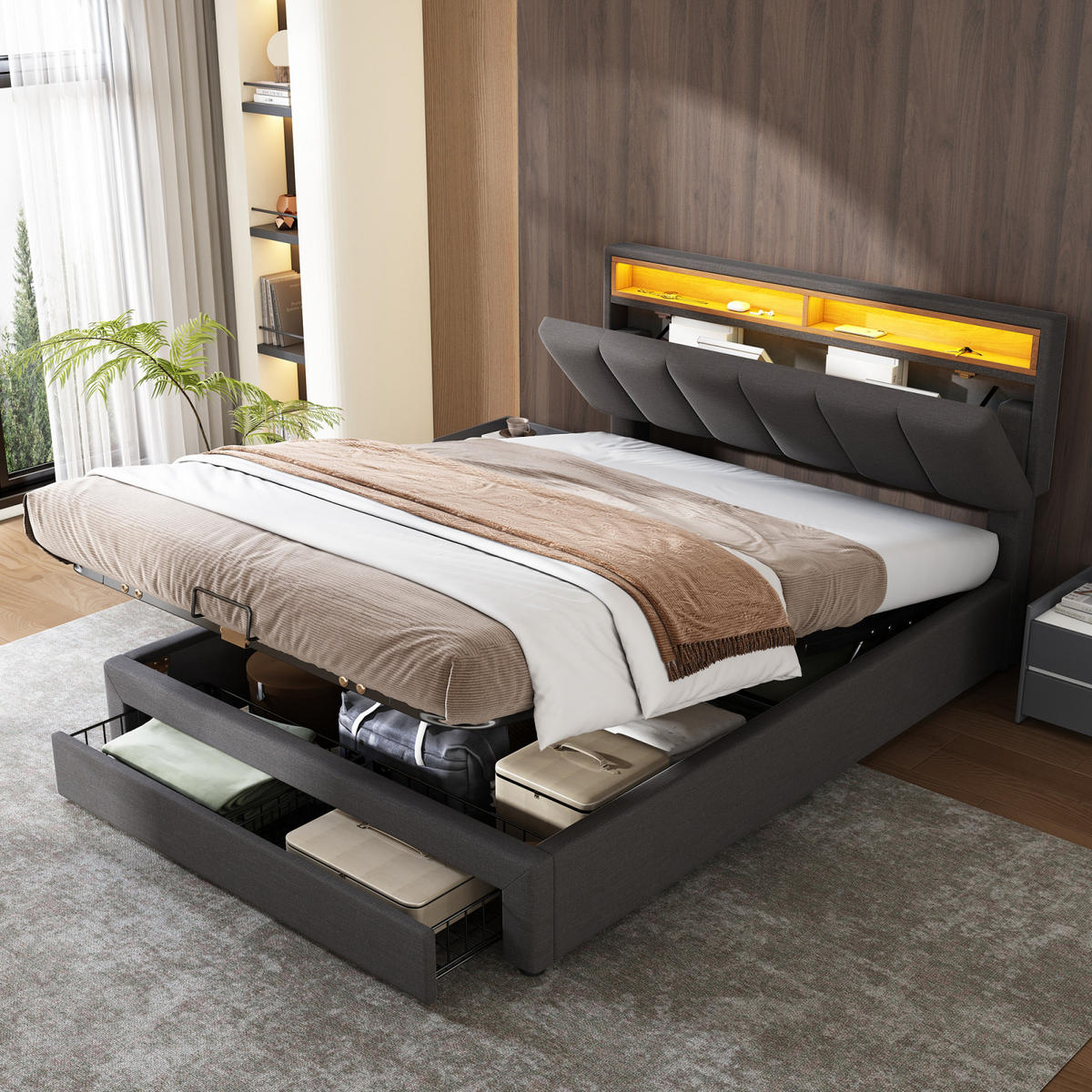 POLSTERBETT 140x190 cm Grau Leinen LED USB Bettkasten - Grau, Holz (140/190cm) - SHOPENTRA