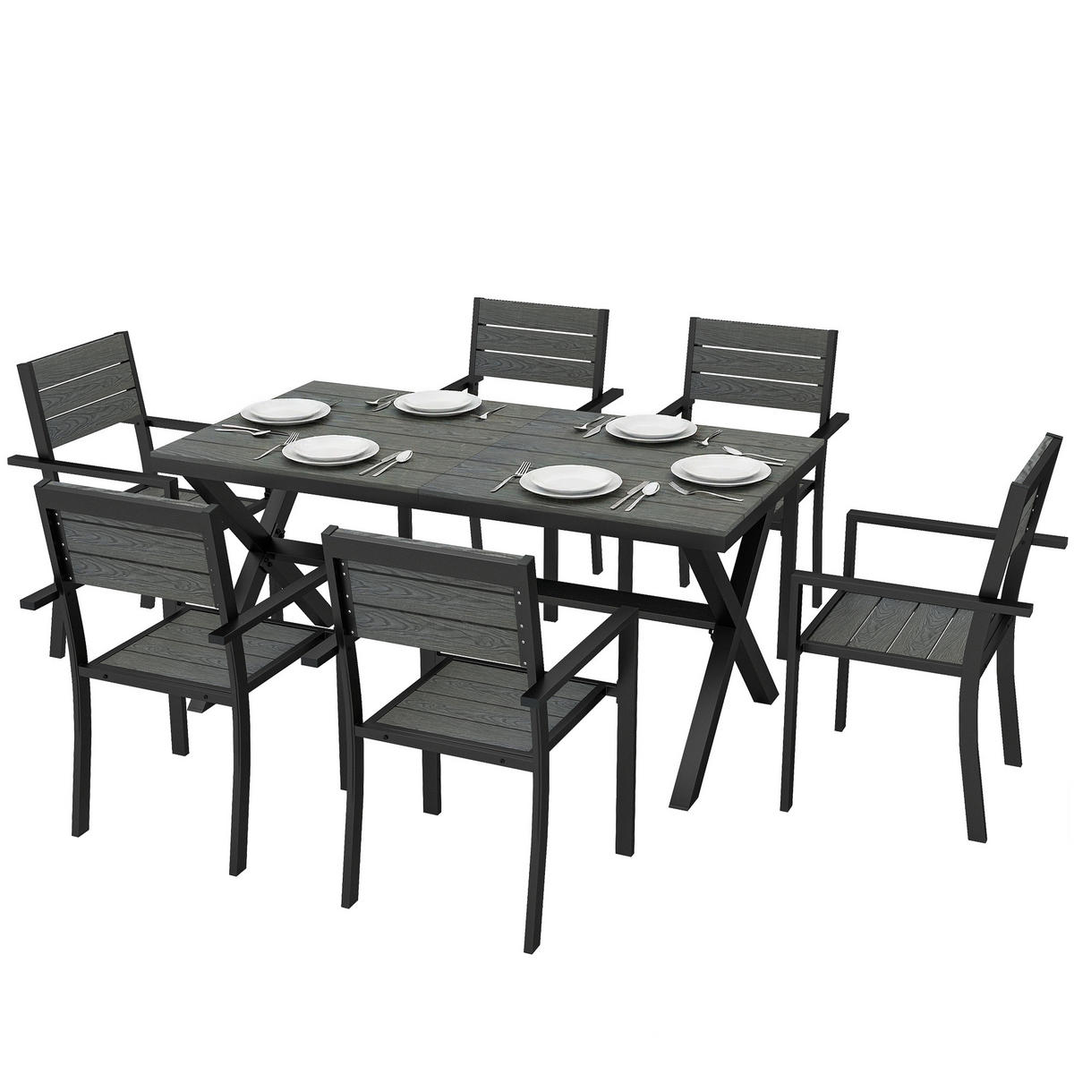 GARTENMÖBEL-SET 7-teilig,Holzoptik Latten-Tisch+6 stapelbare Stühle Alu-Rahmen,grau - Grau, Metall - Vallsero