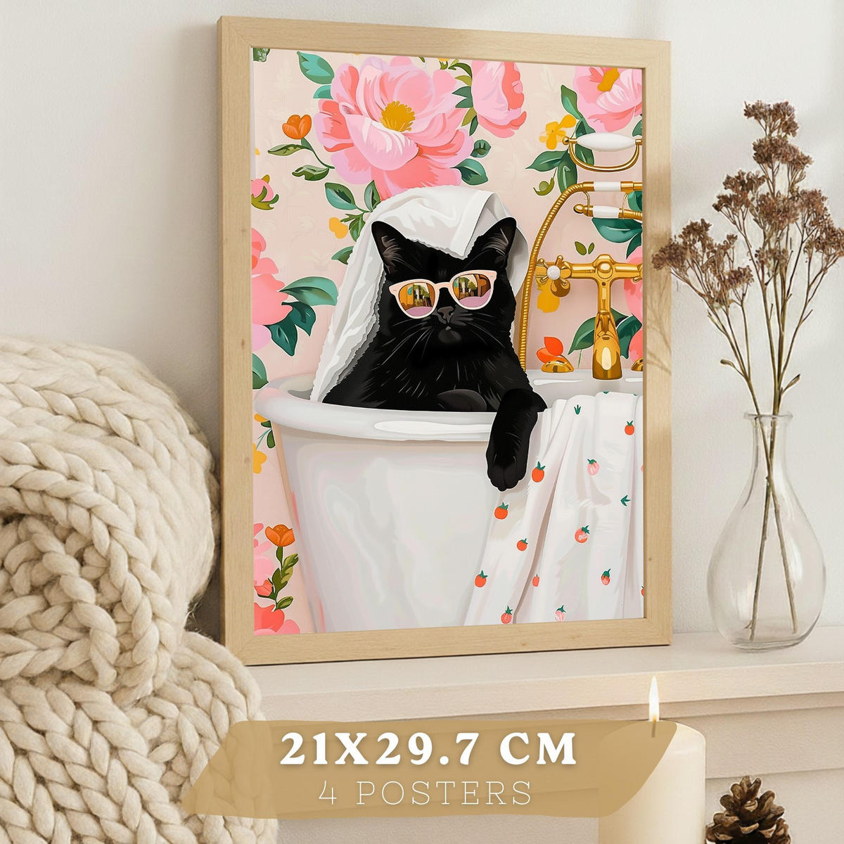PLAKAT Sada 4 Kočky A3 Lehký dřevěný rám - béžová, papír (29.7/1/42cm) - Nacnic