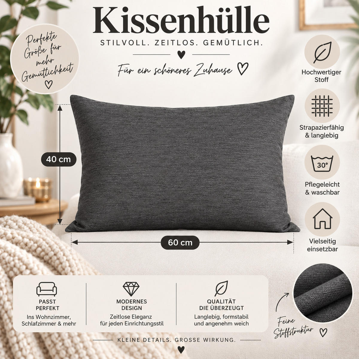 KISSENBEZUG Canada 40/60 cm meliert Anthrazit - Anthrazit, Textil (40/60cm) - TiborTex