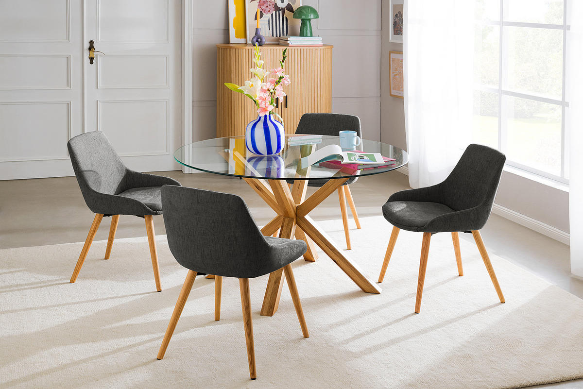 POLSTERSTUHL - 2er-Set - Webstoff / Eiche massiv - Dunkelgrau, Eichenholz/Holz (53/83/54cm) - home24
