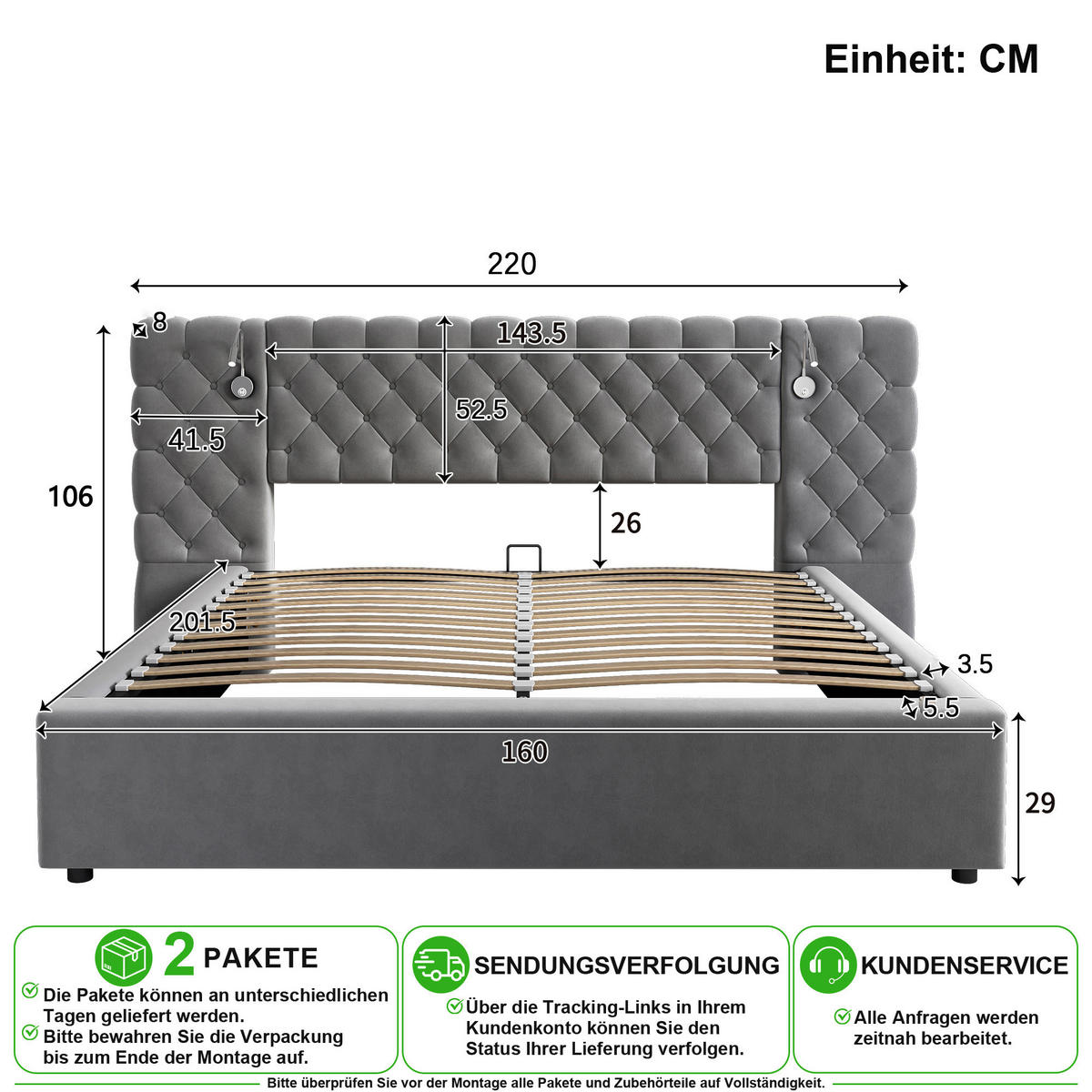 POLSTERBETT 160/200 cm in Grau mit Bettkasten und Leselampe Samt - Grau, Holzwerkstoff/Textil (160/200cm) - CHICFURN
