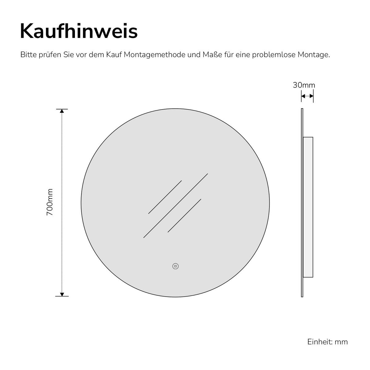 BADSPIEGEL Rund mit Beleuchtung Rahmenlos, Kaltweißes Licht, beschlagfrei, Ø 70 cm - Weiß, Glas (70/3/70cm) - EMKE