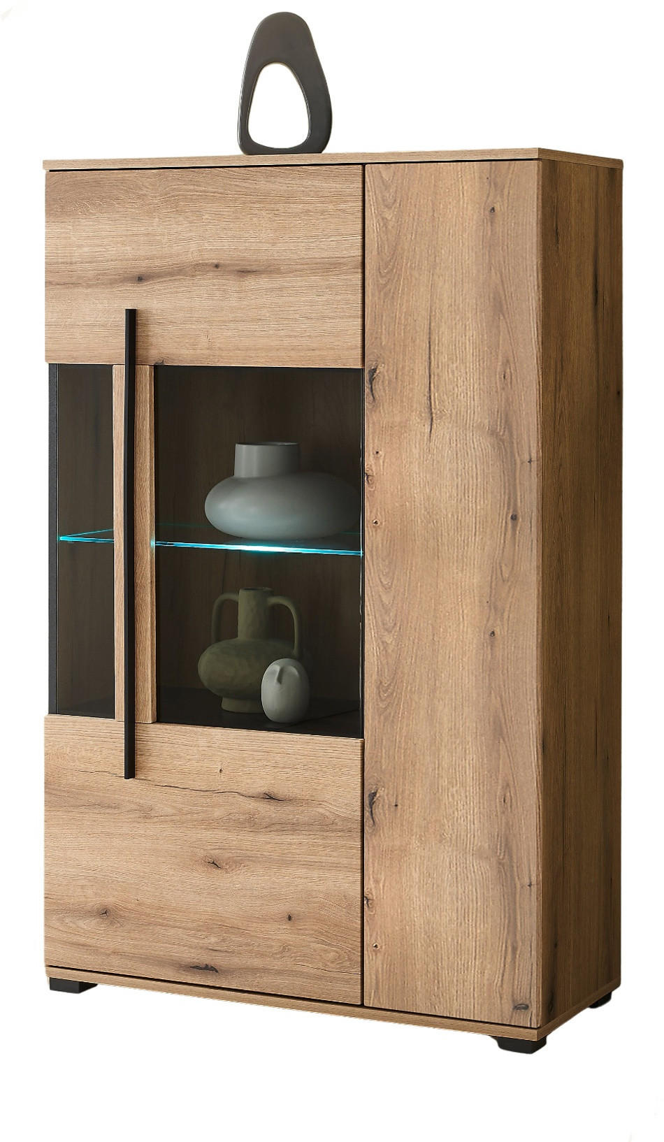 HIGHBOARD Eiche Evoke, Anrichte 90 cm, Glas grau - Eichefarben/Schwarz, Glas/Holzwerkstoff (90/140/37cm) - Furn.Design