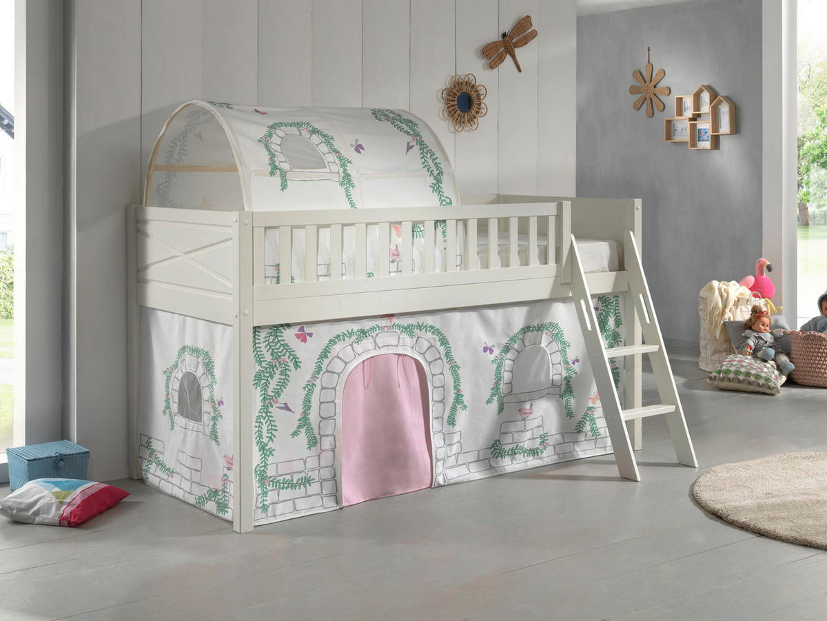 KINDERBETT Karyl 208x114x135 Massivholz Weiß Textilset Birdy 2 - Hellgrau/Weiß, Holz (90/200cm) - 58aufmkessel