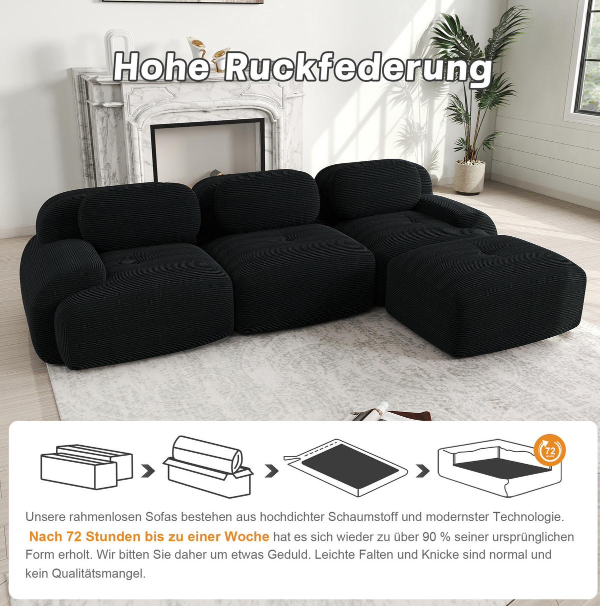 ECKSOFA in Schwarz aus Cord, modular, rahmenlos und montagefrei - Schwarz, Textil (178/298cm) - Flora Grace
