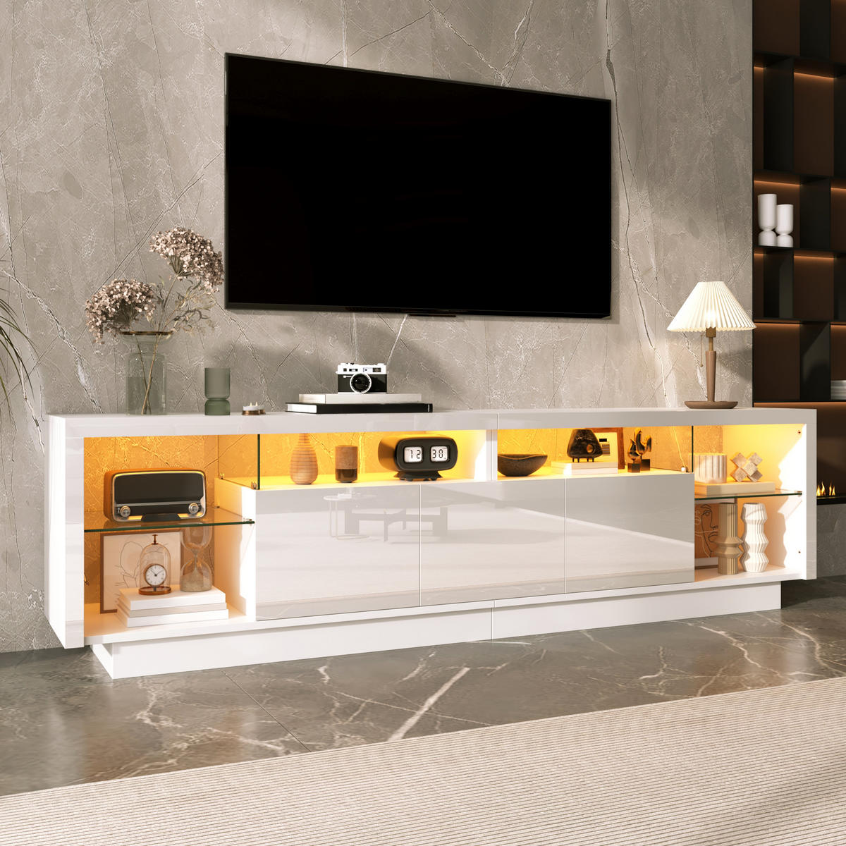 TV-SCHRANK Hochglanz 3 Türen Glasfächer LED App - Weiß, Holzwerkstoff (200/55/38cm) - FLIEKS