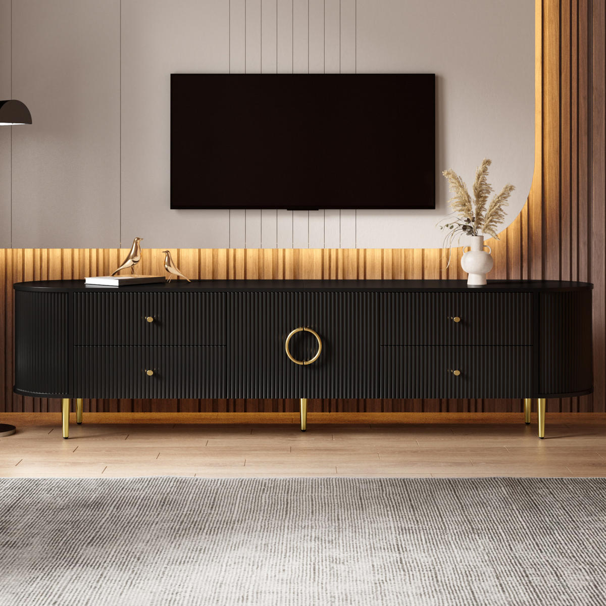 TV-LOWBOARD 180 x 40 x 53 cm aus MDF, Wellenfront, 2 Türen, Schubladen, Metallfüße, Schwarz - Schwarz, Holzwerkstoff (180/53/40cm)
