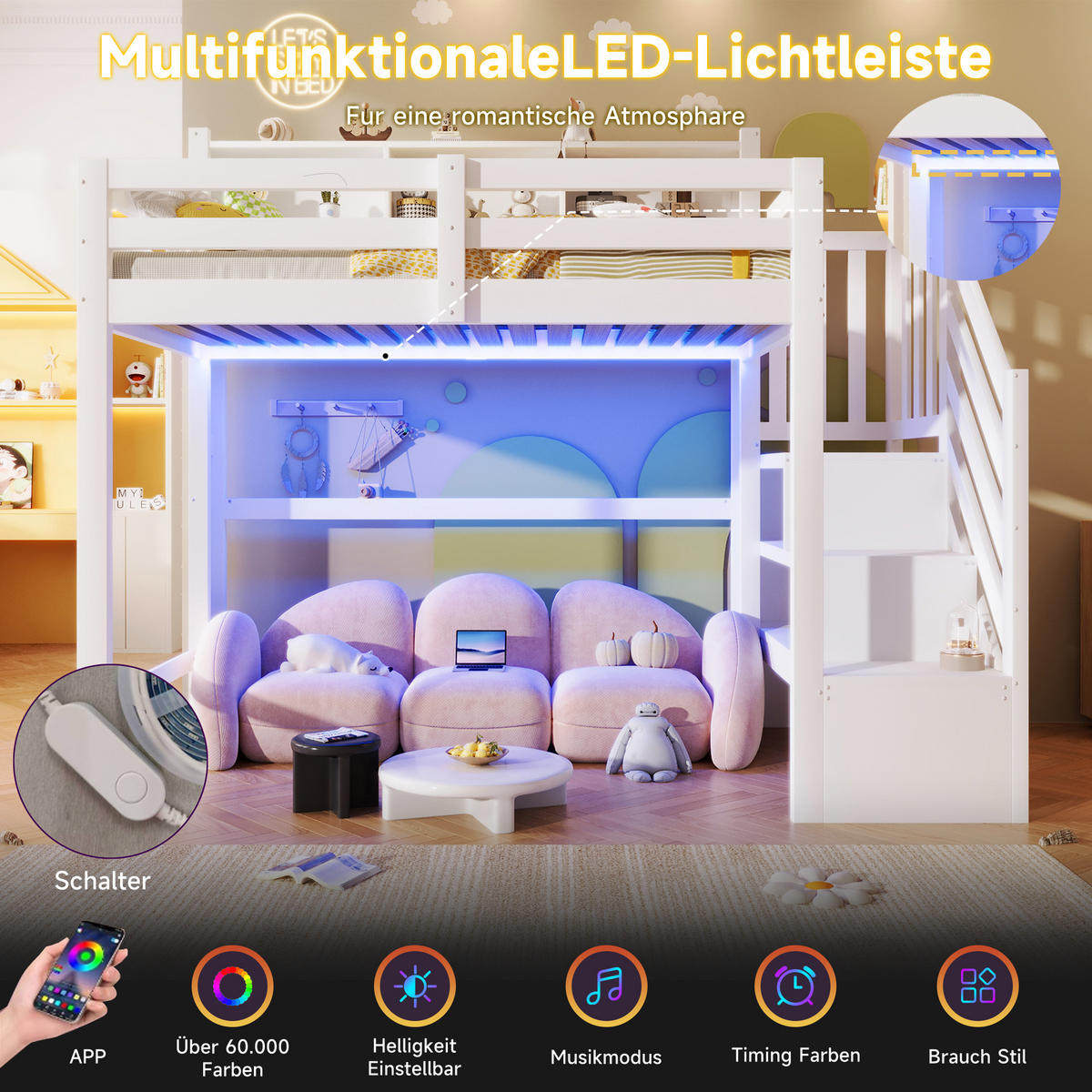 HOCHBETT 90/200 cm Weiß mit LED-Leuchten, Stauraumtreppe, offenem Staufach - Weiß, Holz (90/200cm) - Oxeza
