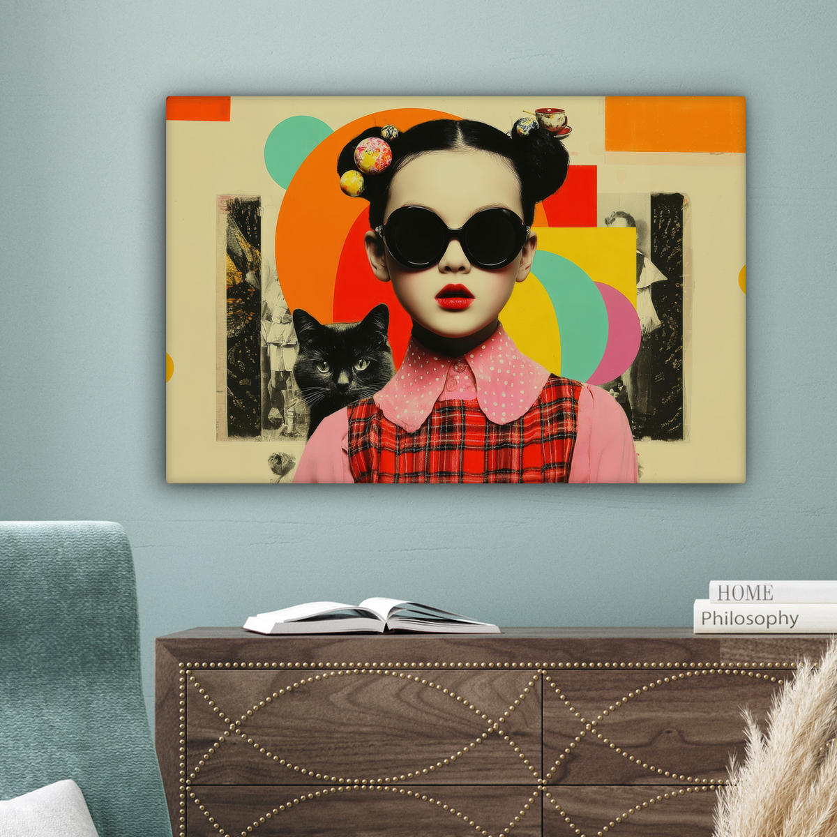 LEINWANDBILD Mädchen - Sonnenbrille - Katze - Retro Gemälde 60x40 cm - Beige, Textil (60/40cm) - MuchoWow