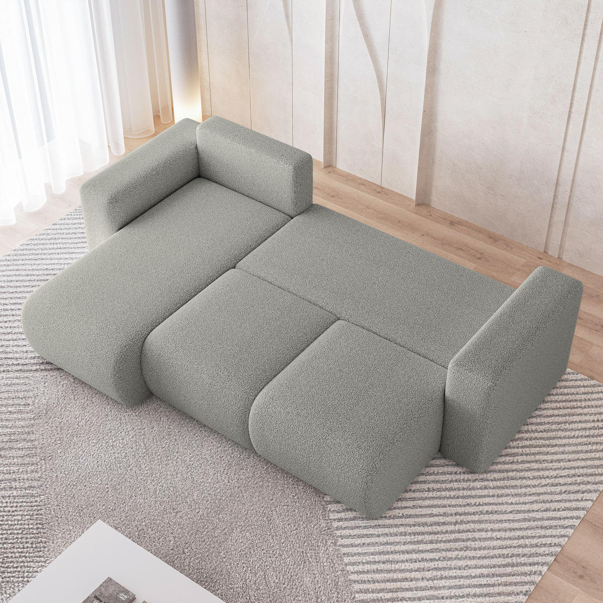 ECKSOFA RINOVA Hellgrau Boucle-Stoff mit Schlaffunktion - Hellgrau, Holz (250/143cm) - MASSENO