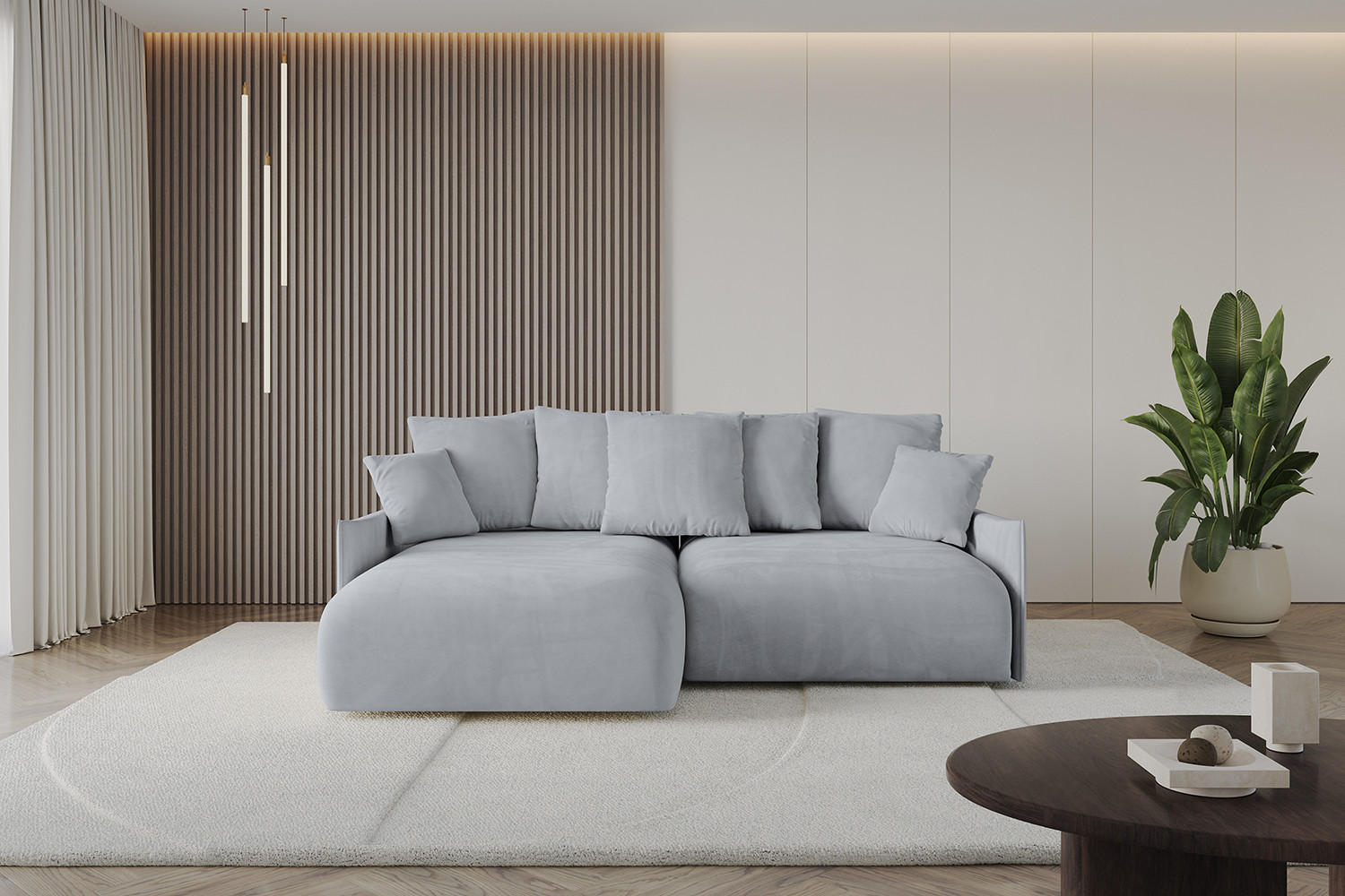 ECKSOFA mit Schlaffunktion und Bettkasten ONESK-L -v1 208x165x40 Hellgrau Velours - Hellgrau, Holzwerkstoff/Kunststoff (208/165cm) - ALTDECOR