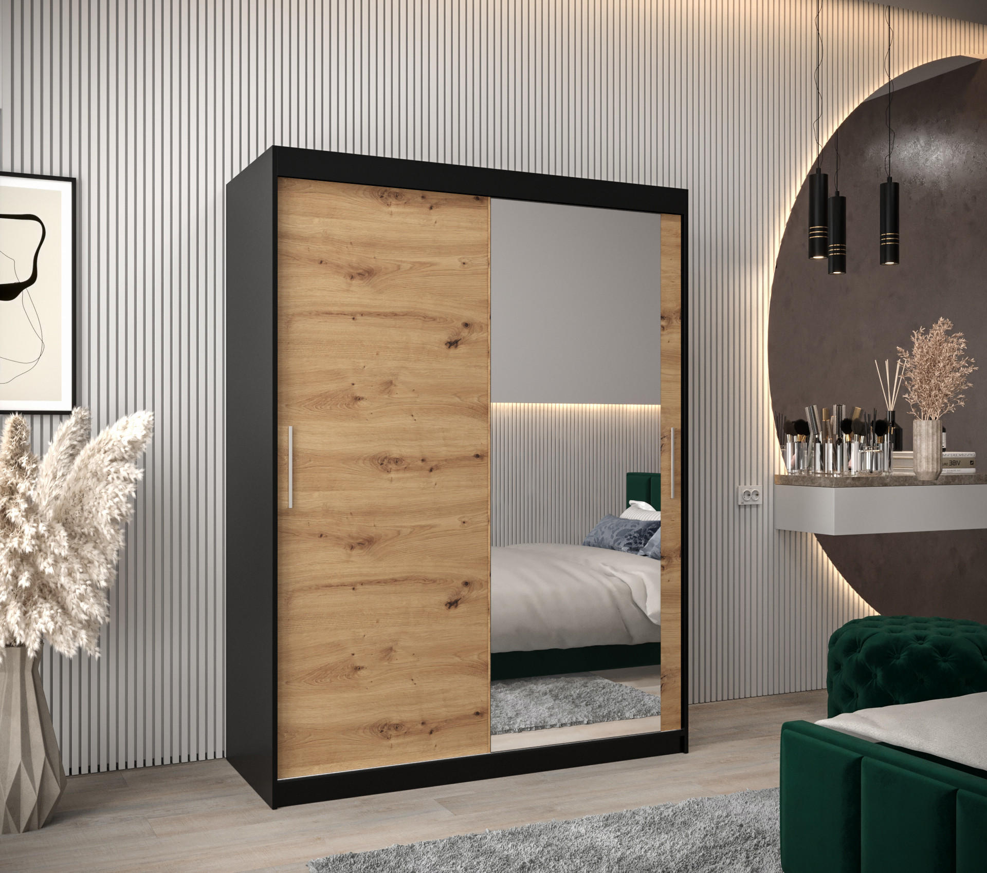 SCHWEBETÜRENSCHRANK 200/150/62 2-türig - Silberfarben/Schwarz, Holz/Kunststoff (150/200/62cm) - Abiks Möbel