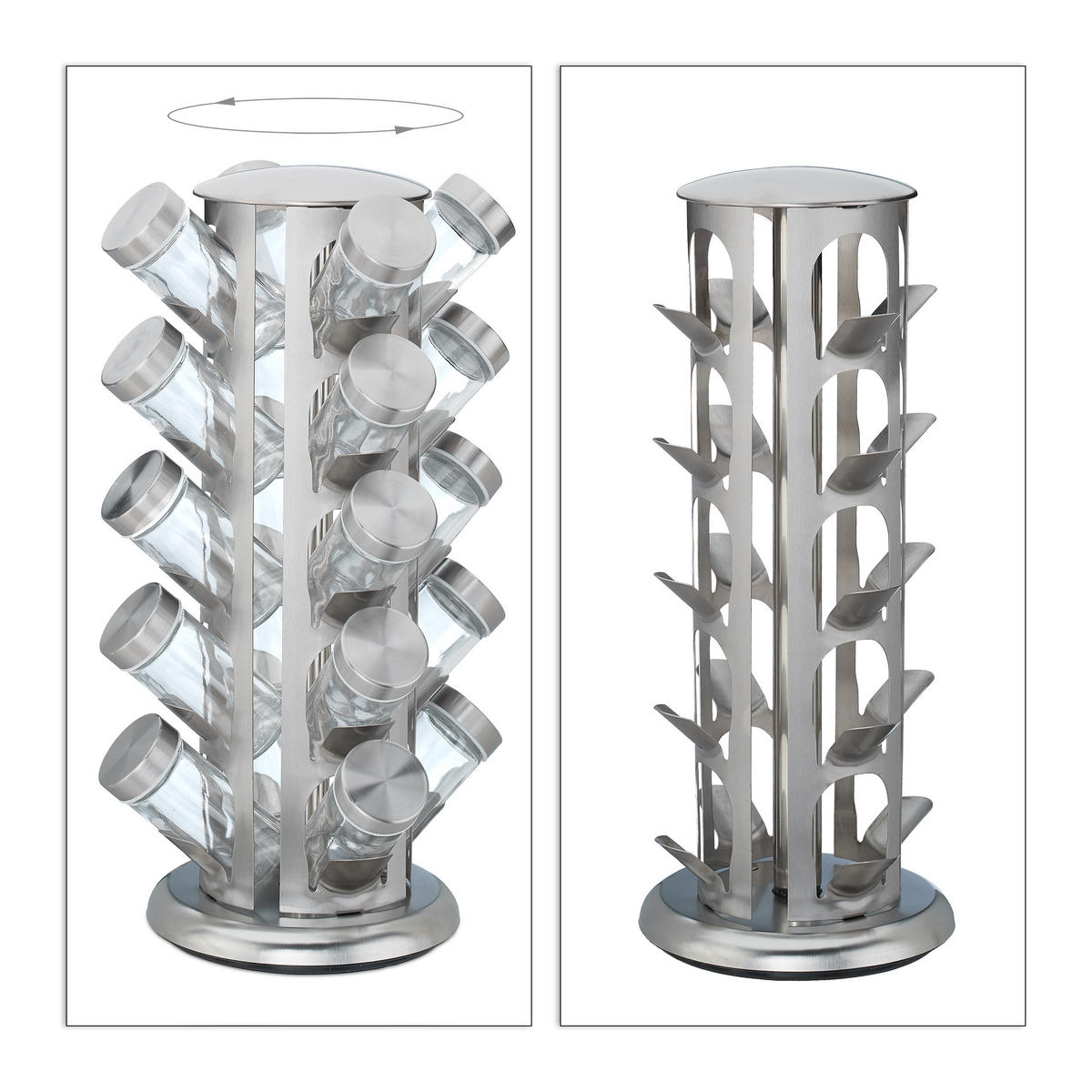 GEWÜRZKARUSSELL Silber Edelstahl drehbar 20er-Set - Silberfarben, Glas/Metall (22/39/22cm) - Relaxdays