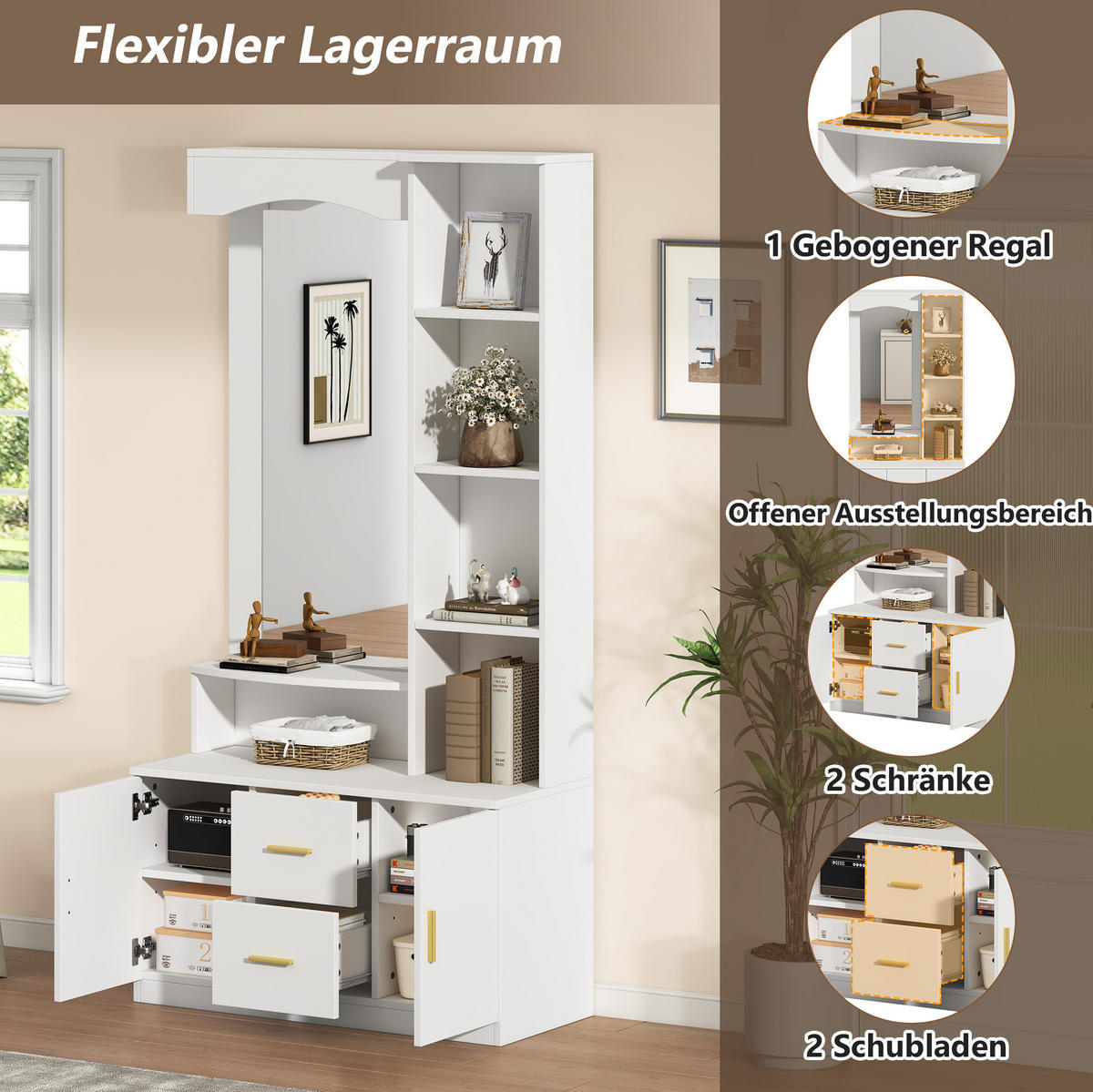 FLURSCHRANK 90/40/180 cm mit Spiegel, 2 Schubladen, 2 Schränken und Regalen aus MDF, Weiß - Weiß, Holzwerkstoff (90/180/40cm) - Redom