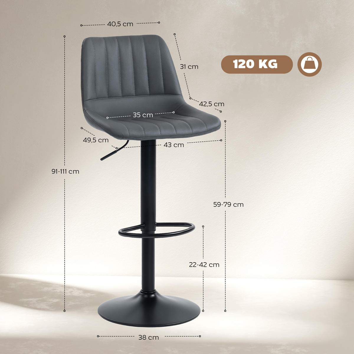 BARHOCKER 2er-Set 91-111 cm Höhenverstellbarer mit Fußring - Dunkelgrau/Schwarz, Kunststoff/Textil (49.5/111/43cm) - HOMCOM