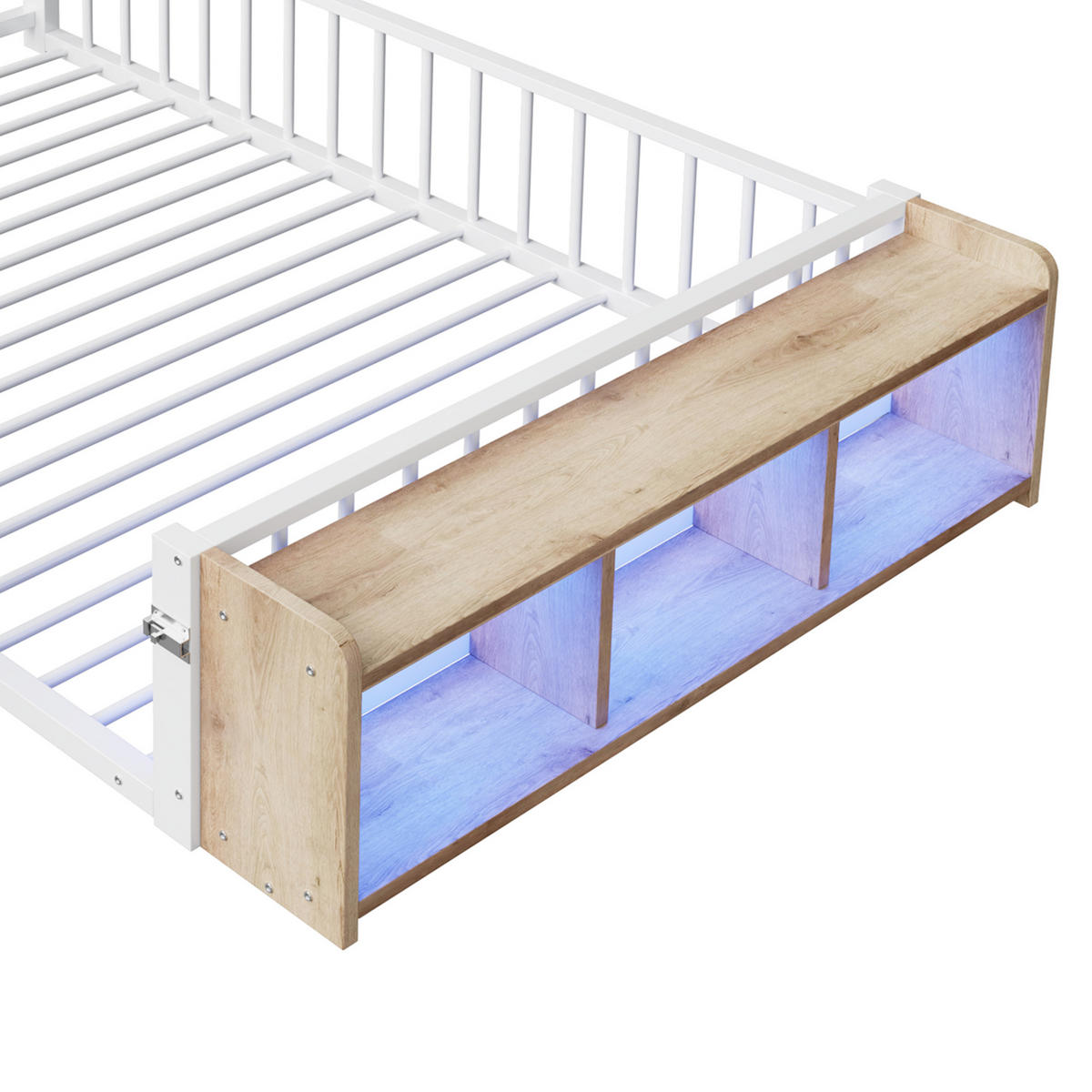 BODENBETT 140/200 cm DE-03338, mit LED, Schließfach und Schutzgeländer, in Weiß - Weiß, Holzwerkstoff/Metall (140/200cm) - ComfortXL