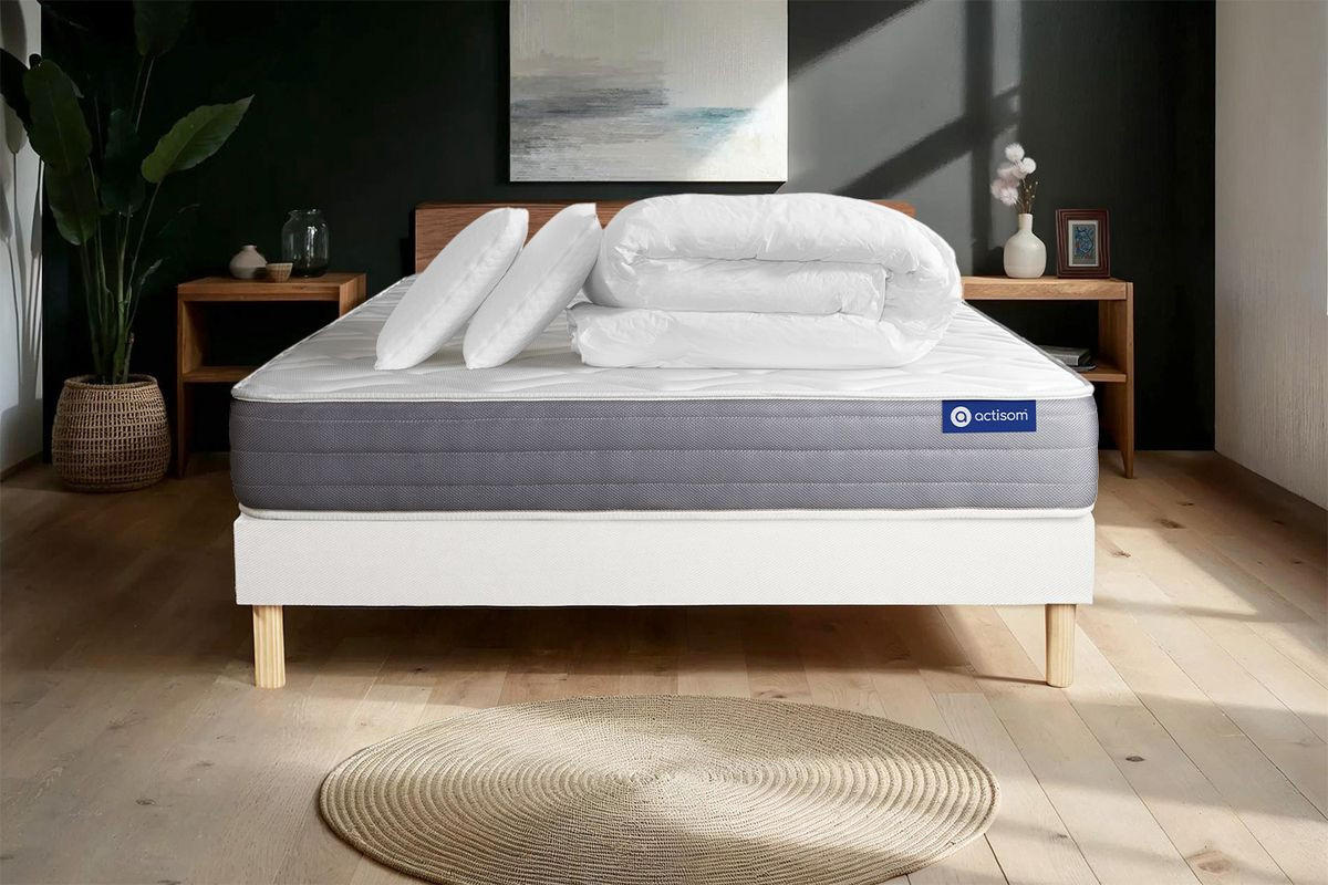 BETT Actiflex dream Taschenfederkern und Memory-Schaum 140 x 200 cm h1 - Kit Bettgestell Weiß - Mit Kissen und Bettdecke - Beige/Weiß, Karton/Holz (140/200cm) - ACTISOM
