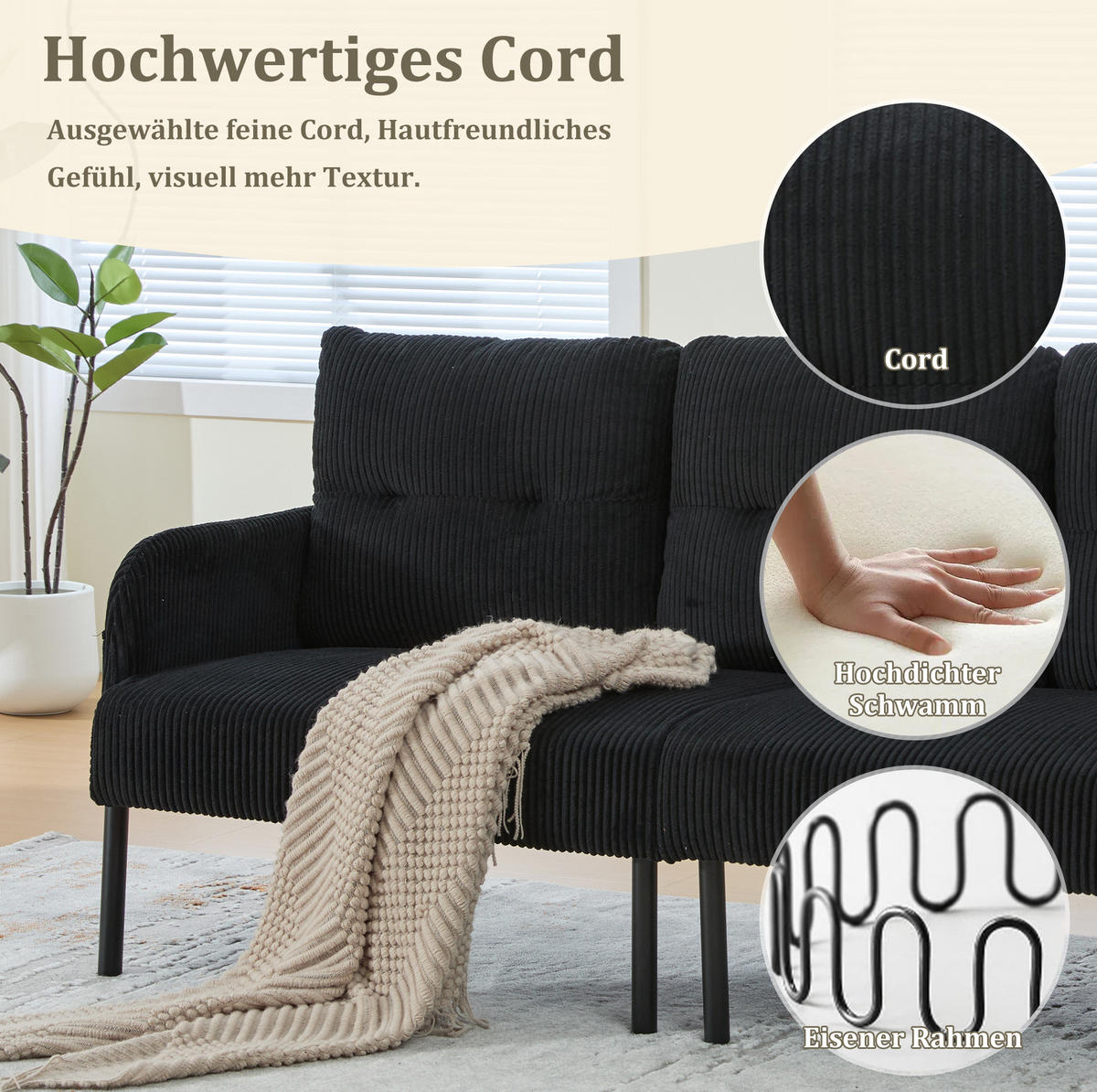 SOFA mit Seitentasche 171 x 72 x 80 cm Cord Schwarz 3-Sitzer - Schwarz, Textil (171/80/72cm) - IVMEU