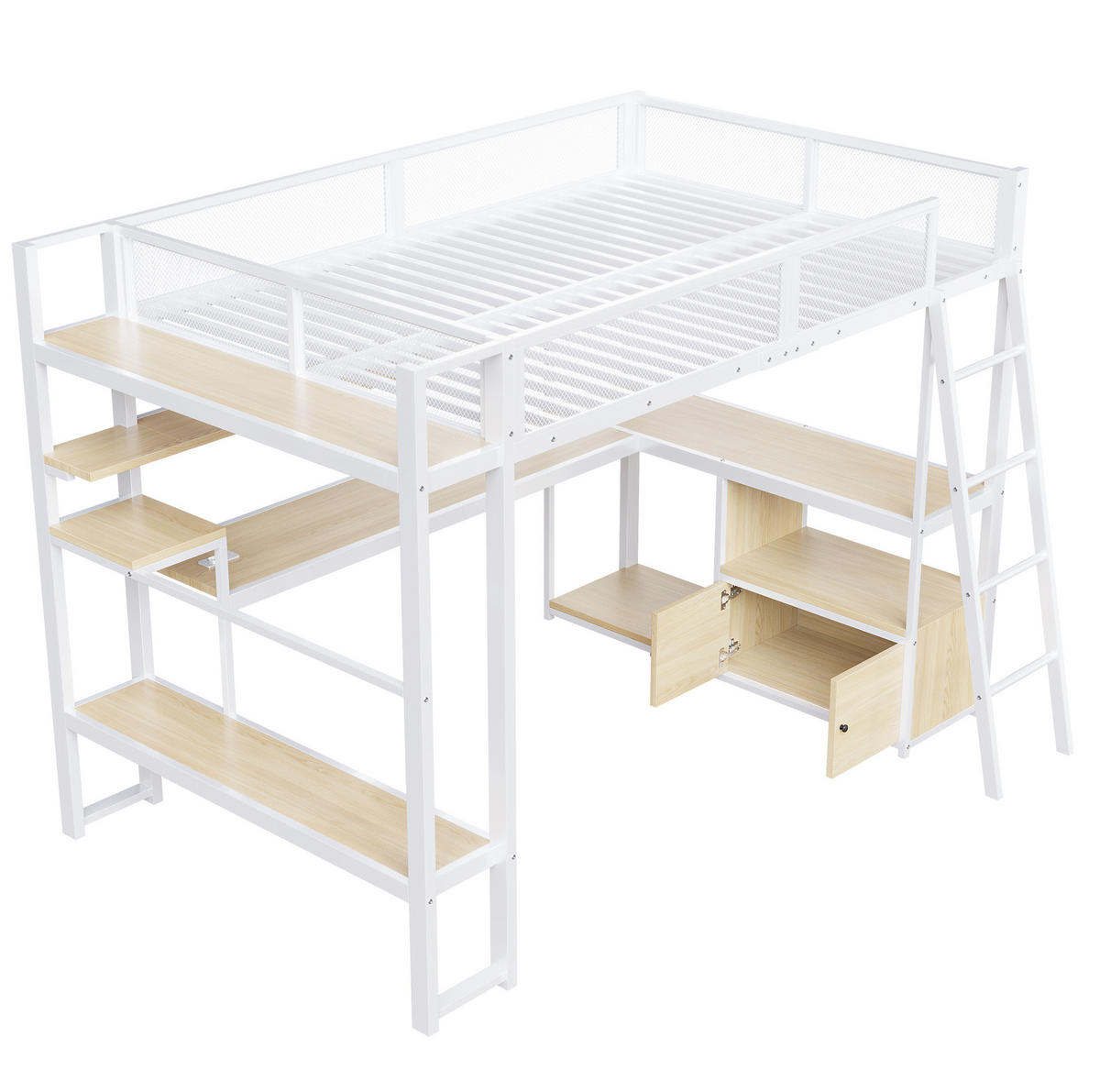 HOCHBETT 140/200 cm Weiß aus Metall mit Schreibtisch, LED und Ladestation - Weiß, Metall (140/200cm) - MIVRAY