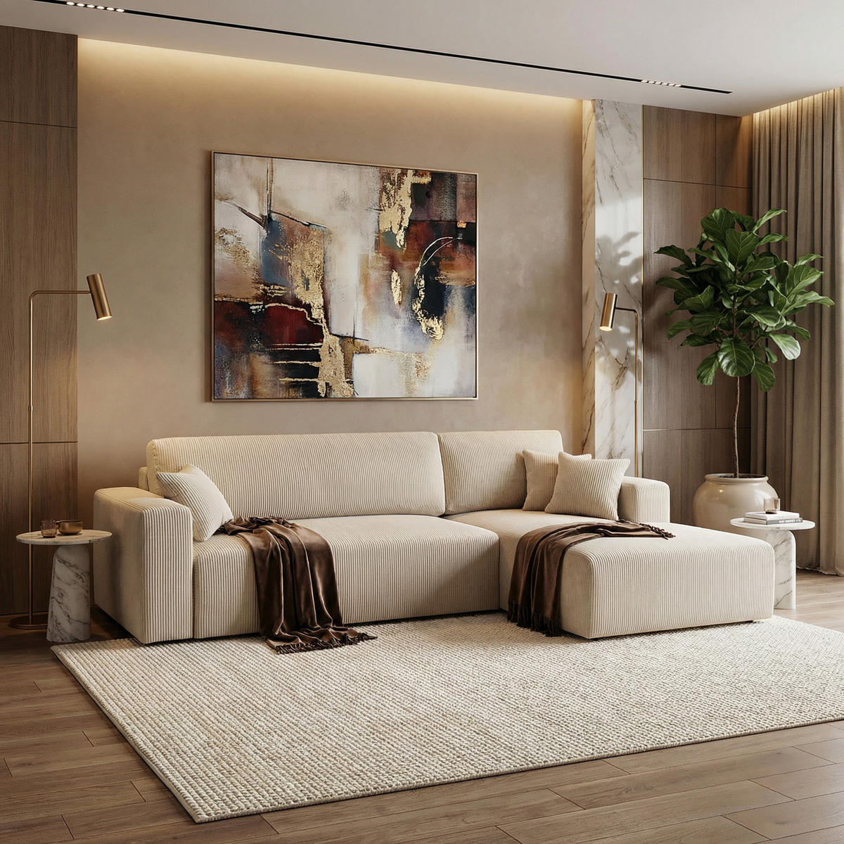ECKSOFA PULA CORD BEIGE - Beige/Schwarz, Kunststoff/Textil (279/187cm) - Luxkor24
