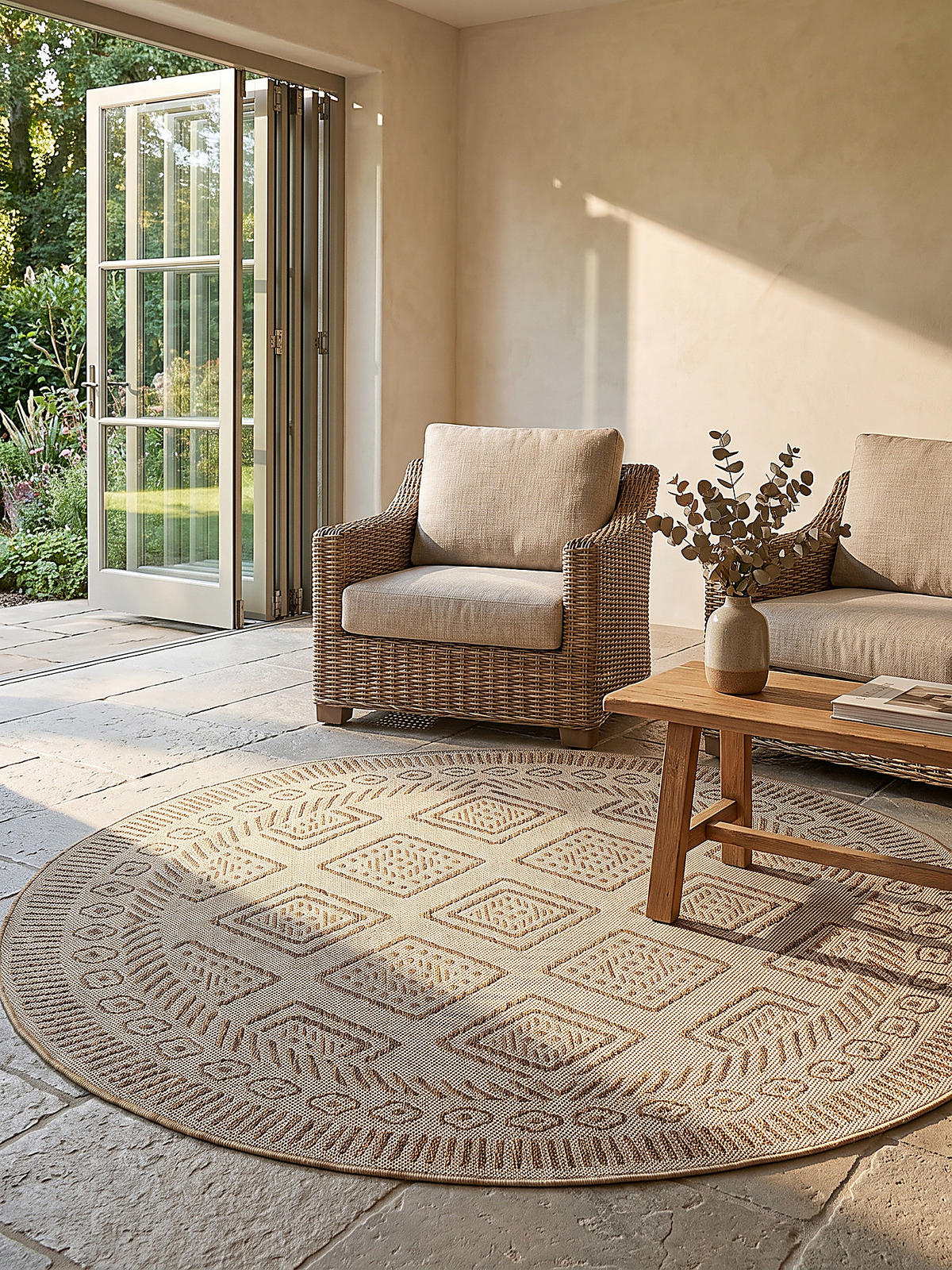 TEPPICH Flachgewebe, Outdoor, Fußbodenheizung-geeignet, mit Rautenmuster, VIGOLENO in Beige-Braun, Ø 200 cm - Beige, Textil (200/200cm) - KADIMA DESIGN