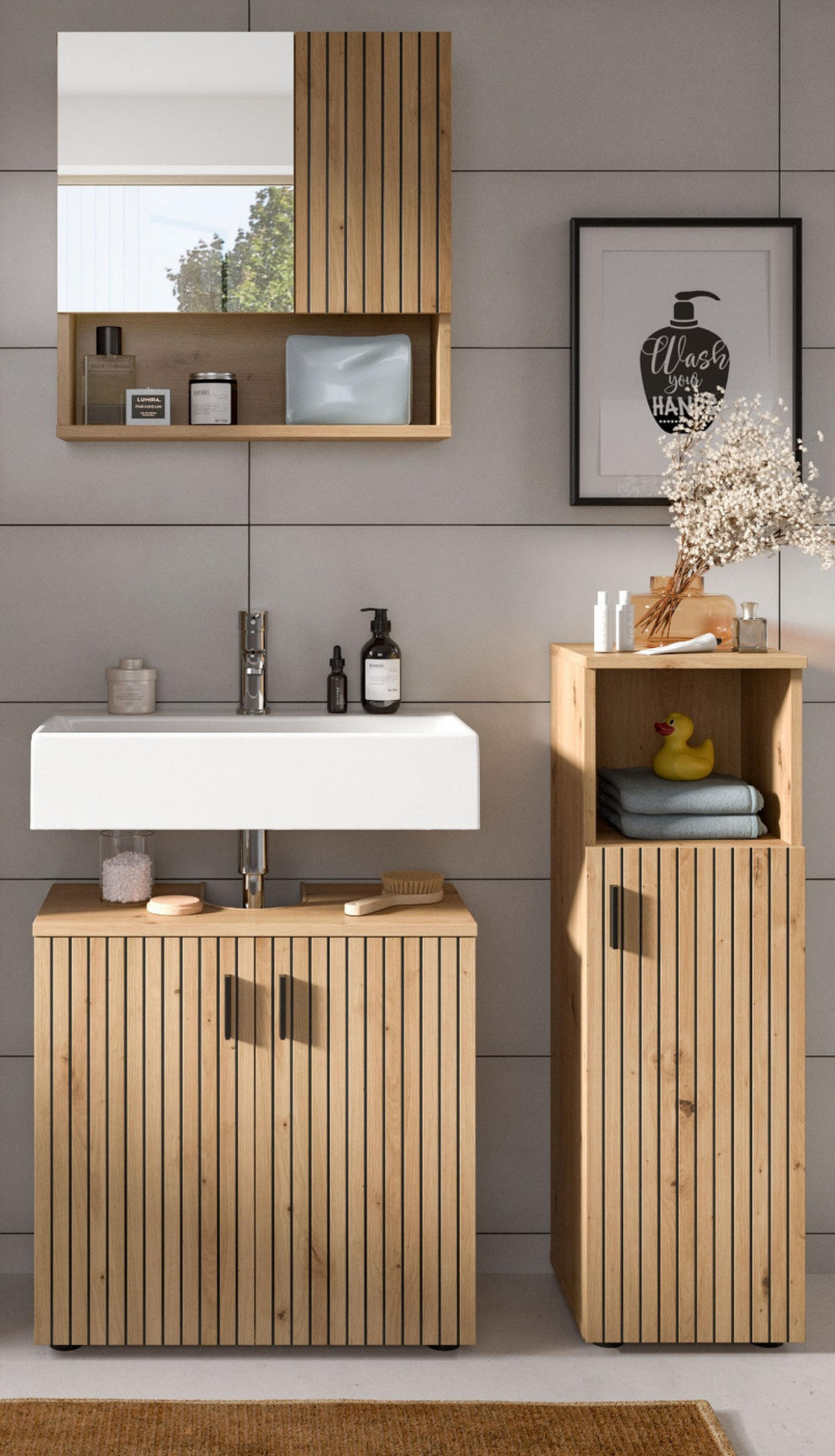 BADMÖBEL-SET Eiche Artisan 3-teilig 105 cm, Badkombination mit Rillen - Schwarz/Eiche Artisan, Glas/Holzwerkstoff (105/180/30cm) - Inn.Furn