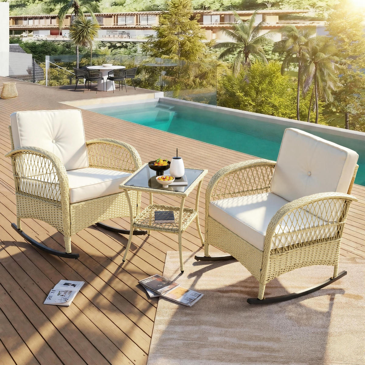 SCHAUKELSTUHL Garten Schaukelsessel mit Tisch,3er set Balkonset Rattan Relaxsessel - Beige, Textil/Metall - STILVORA
