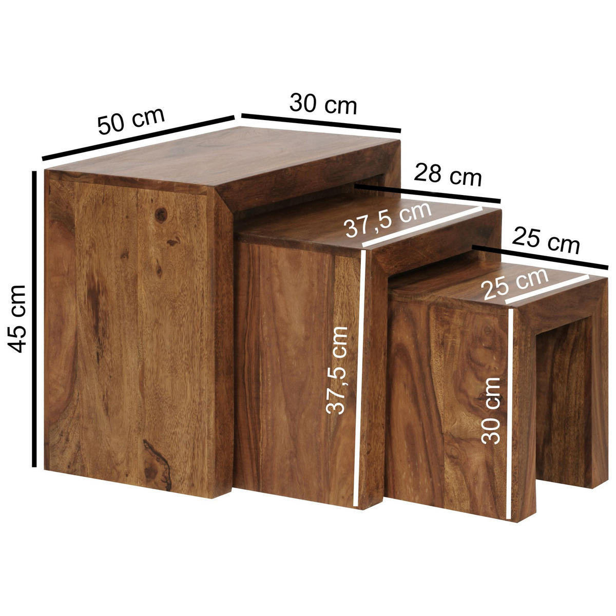 BEISTELLTISCH 3er Set Massivholz Platzsparend Handgefertigt, Braun 50x30x50 cm - Braun, Holz (30/50/50cm) - KADIMA DESIGN