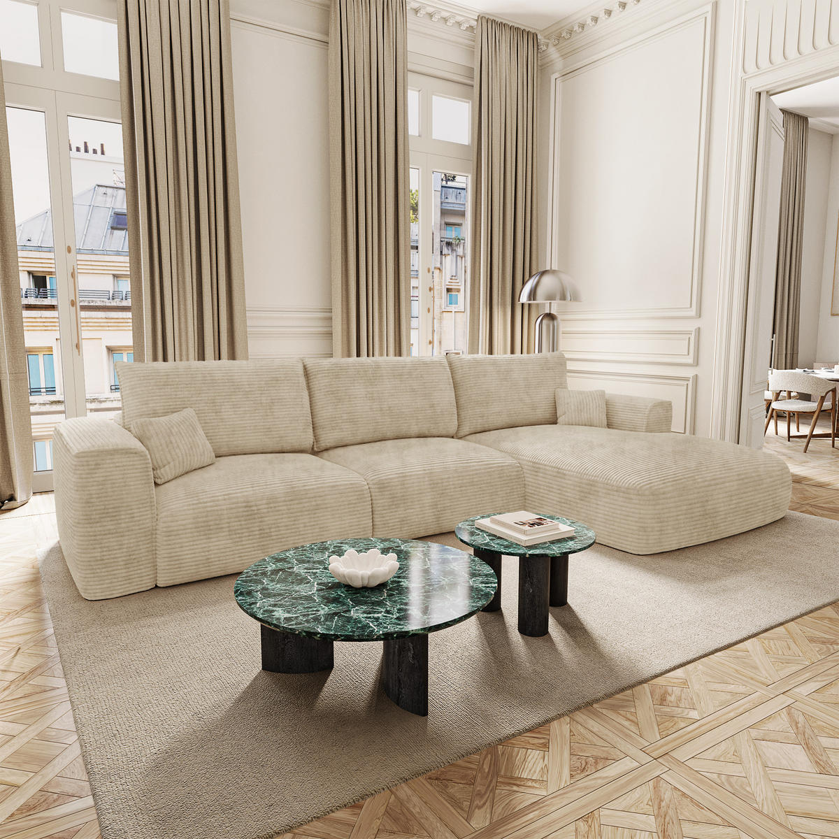 ECKSOFA rechtwinklig COMO Cord Beige 300cm - Beige, Textil (300/165cm) - Premium Interiors
