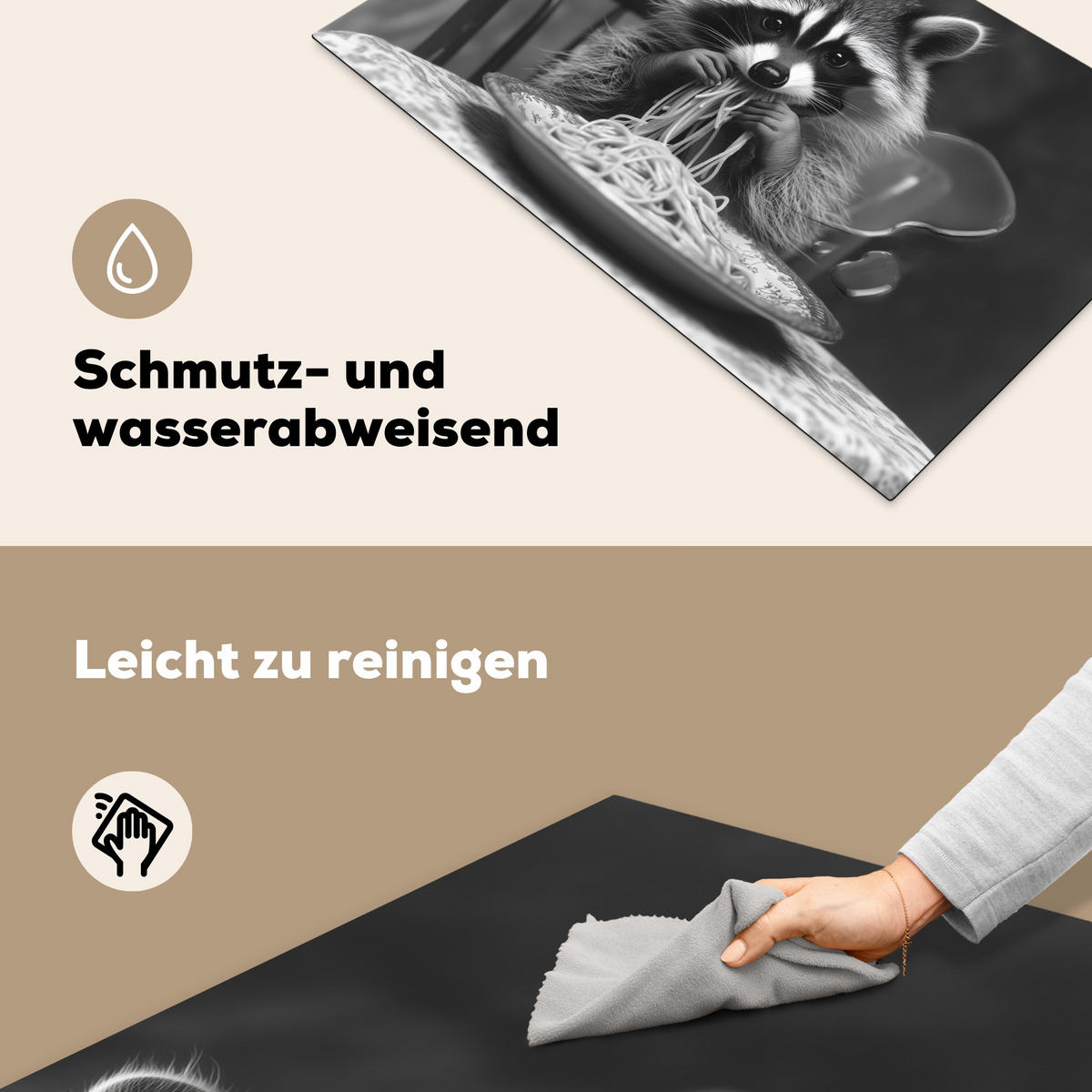 HERDABDECKPLATTE Waschbär - Niedlich - Pasta - Tischtuch - Schwarz - Weiß Induktionsmatte 83x51 cm - Grau, Kunststoff (83/51.5/0.2cm) - MuchoWow