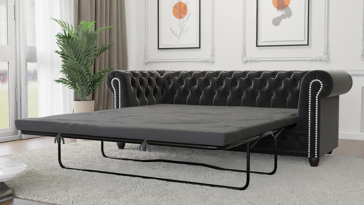 CHESTERFIELD-SOFA 3-Sitzer mit Schlaffunktion Nyx Schwarz Samt - Schwarz/Braun, Holz/Textil (203/28/86cm) - S-Style Möbel