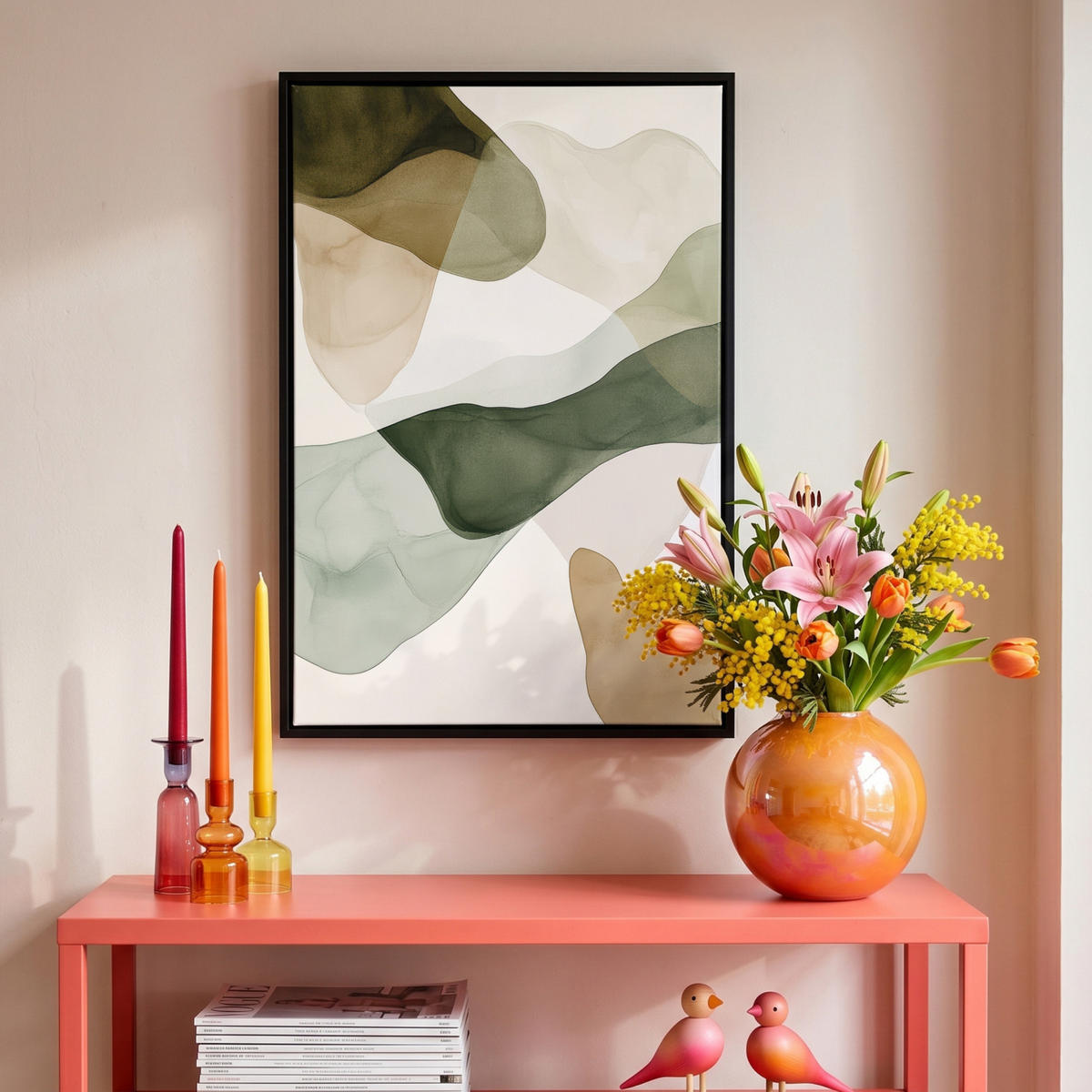 LEINWAND Bilder mit Rahmen - Japandi - Abstrakt - Grün - 40x60 - Salbeigrün, Textil (40/60cm) - MuchoWow