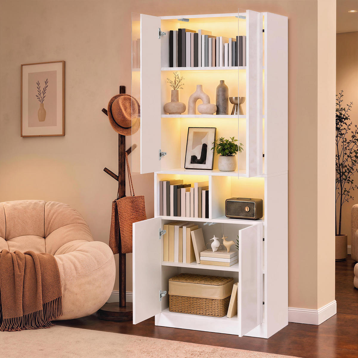 HOCHSCHRANK mit Acrylglas, LED und 2 Türen - Weiß, Holzwerkstoff (70/180/35cm) - FLIEKS